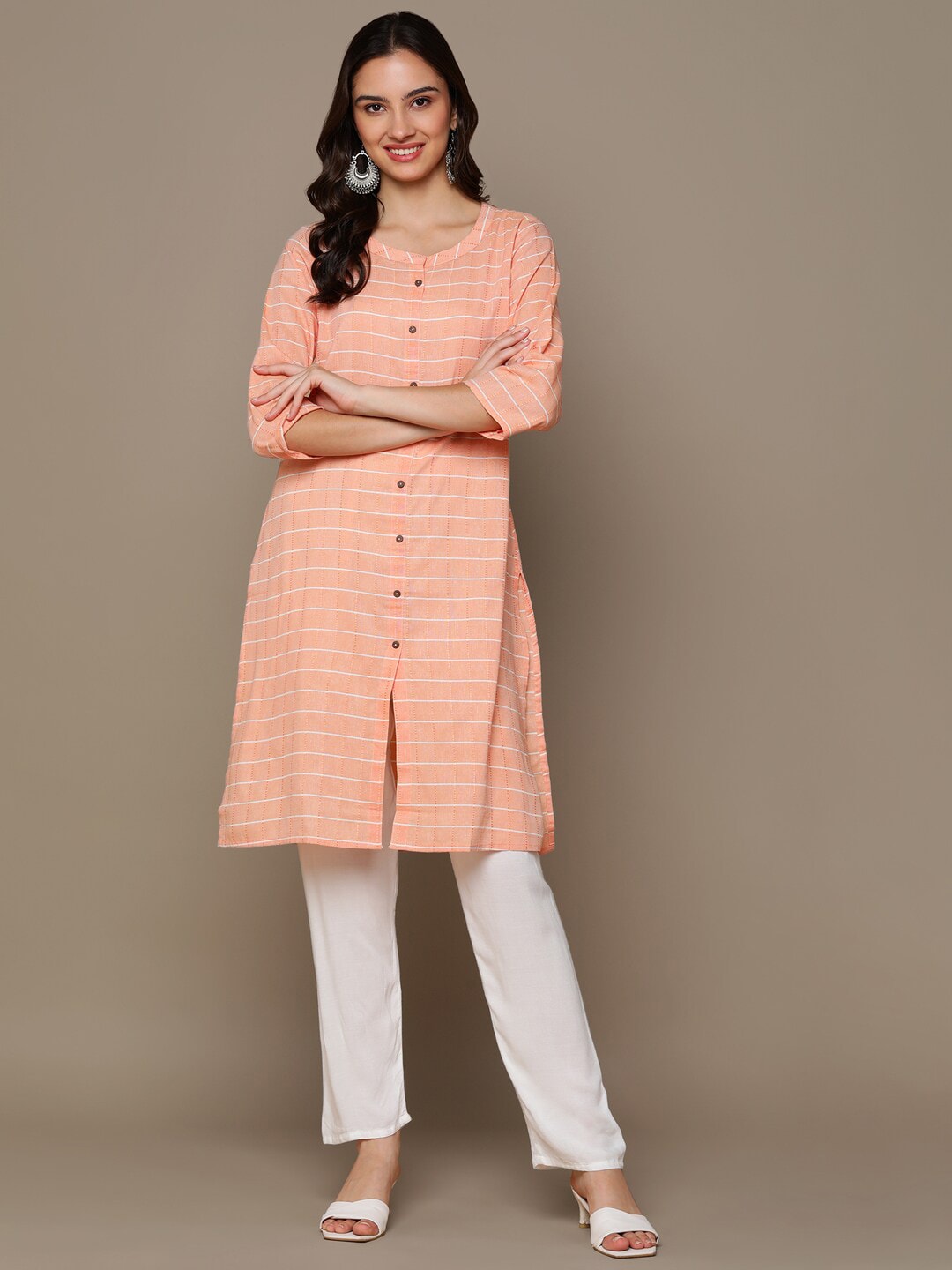 HERE&NOW Orange & White Checked Straight Kurta - Distacart