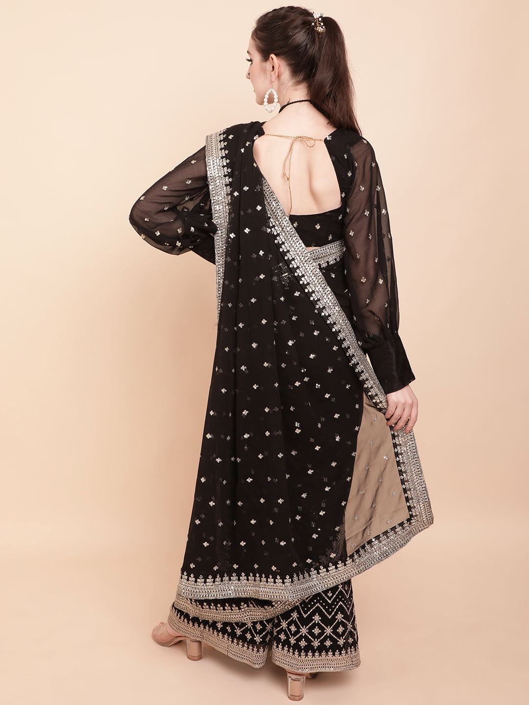 Sangria Black & White Embellished Sequinned Pure Georgette Palazoo Saree - Distacart
