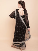 Thumbnail for Sangria Black & White Embellished Sequinned Pure Georgette Palazoo Saree - Distacart