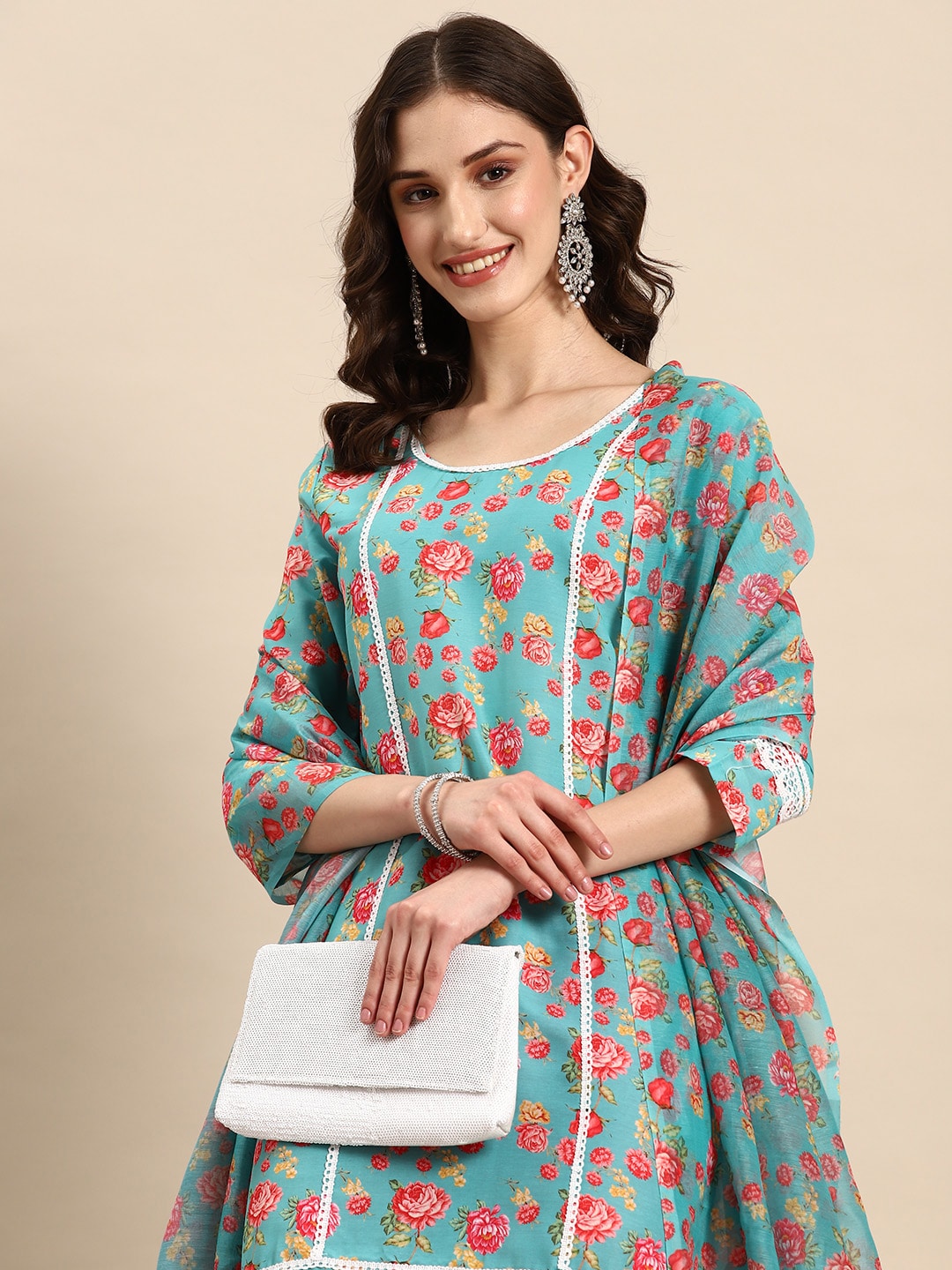 Sangria Women Floral Printed Regular Kurta with Trousers & With Dupatta - Distacart