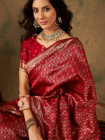 Thumbnail for Sangria Red & Gold Toned Ethnic Motifs Woven Design Zari Banarasi Saree - Distacart