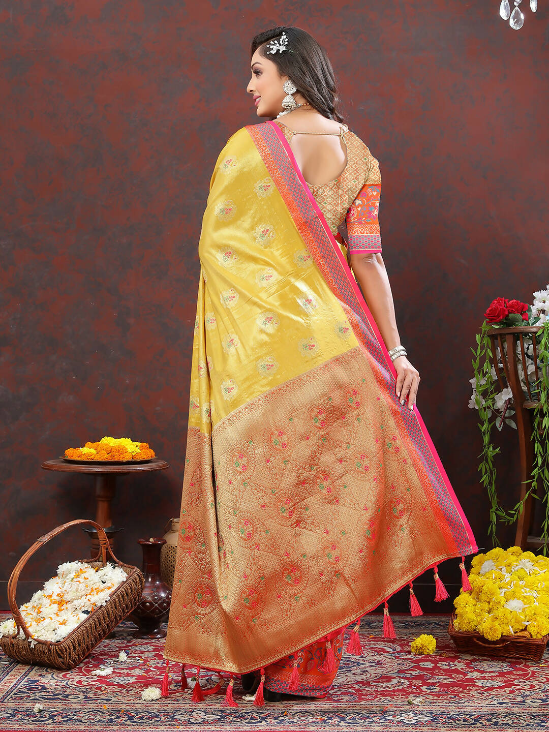 Lorenvalley Fashion Yellow Kanjivaram Silk Woven Design with Zari Weaving Saree - Distacart