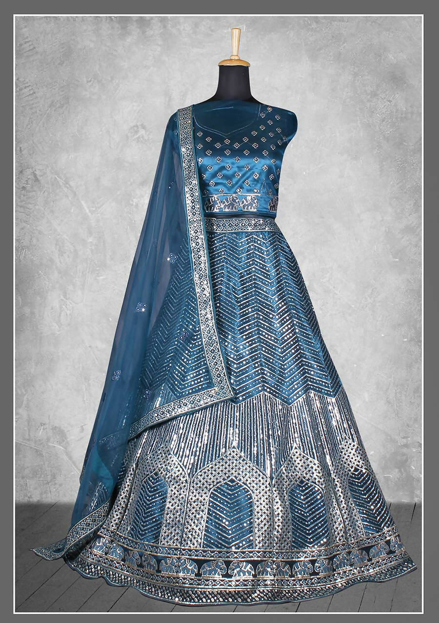 Teal Satin Silk Cord and sequins Floral embroidery Bridal lahenga Choli with Dupatta - Nimaya Pavitra Rista - Distacart