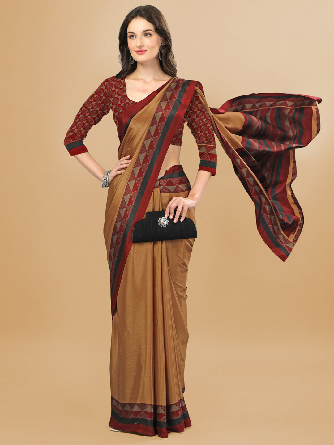 Sangria Beige & Red Pure Crepe Saree - Distacart
