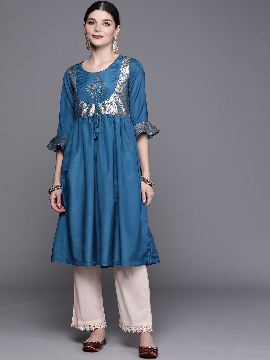 Biba Women Teal Blue & Golden Ethnic Motifs Yoke Design A-Line Kurta - Distacart