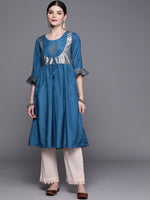 Thumbnail for Biba Women Teal Blue & Golden Ethnic Motifs Yoke Design A-Line Kurta - Distacart