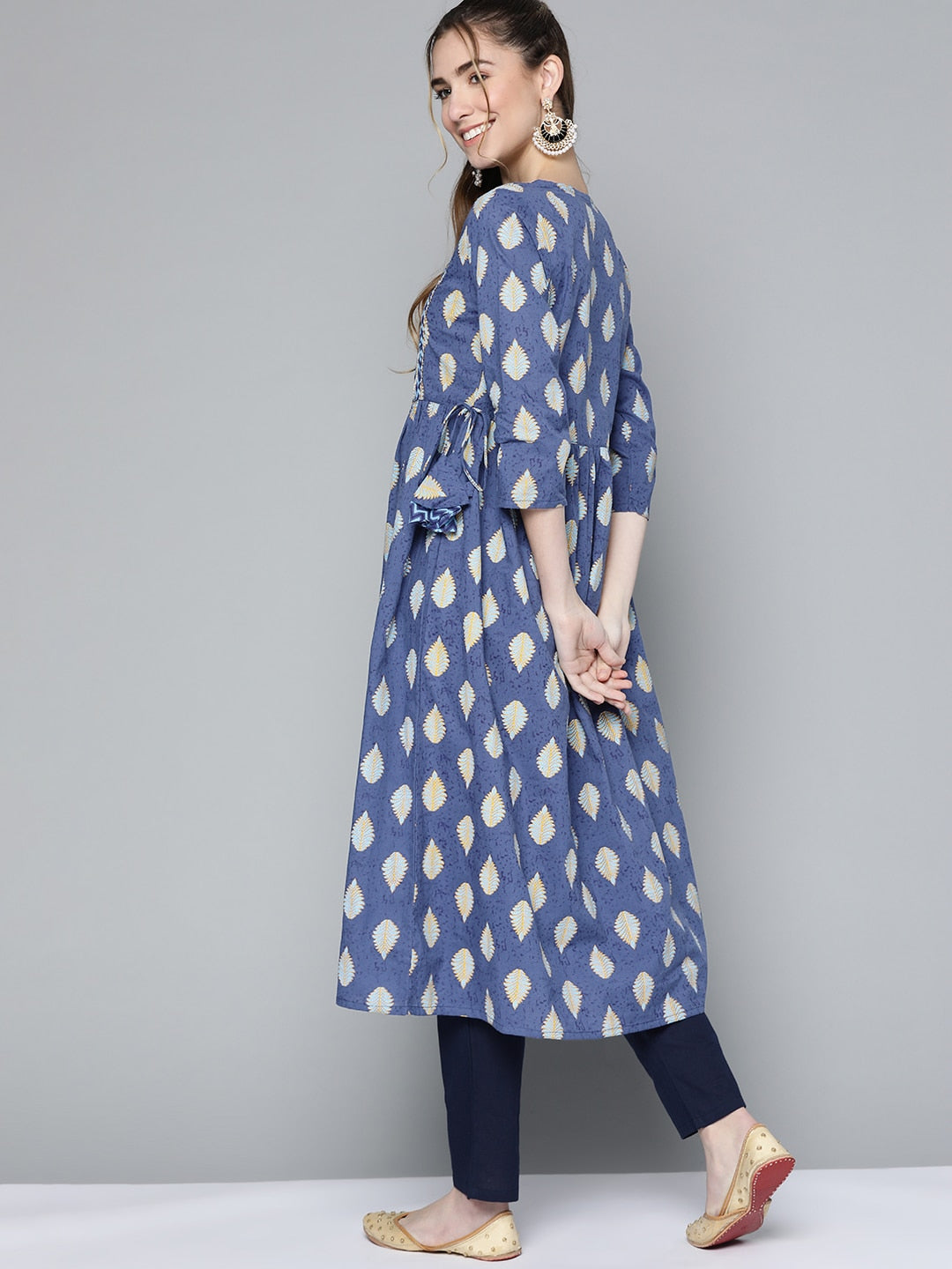 HERE&NOW Women Navy Blue & Mustard Yellow Ethnic Printed Gotta Patti Pure Cotton Kurta - Distacart