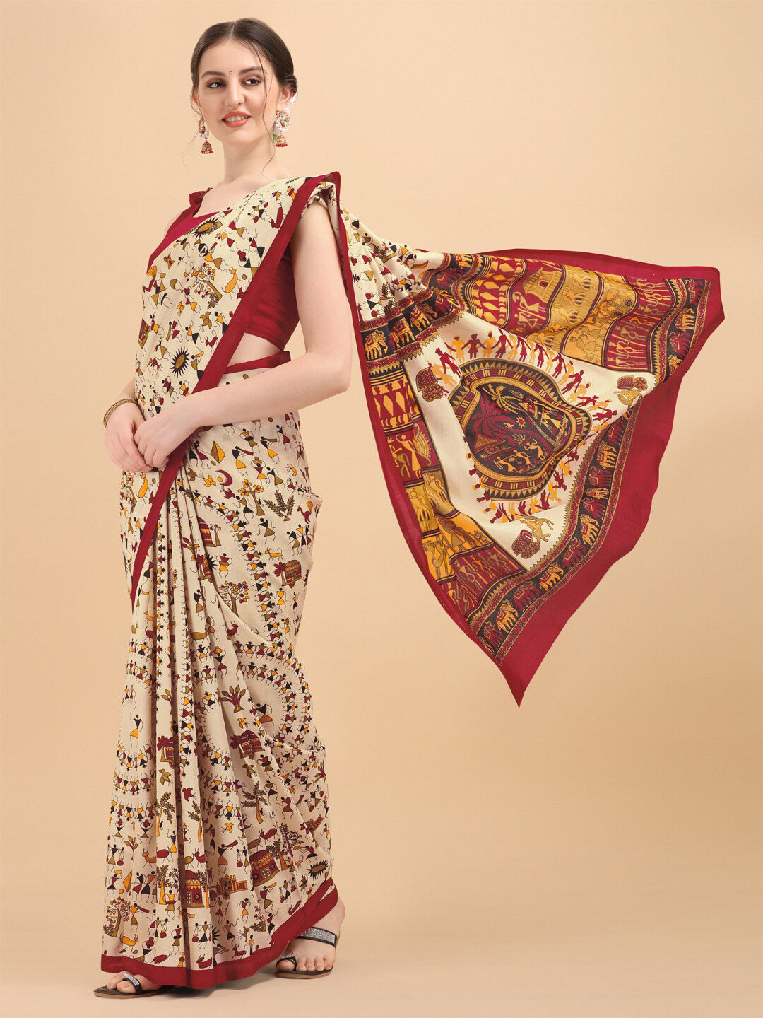 Kalini Beige & Red Warli Art Silk Saree - Distacart