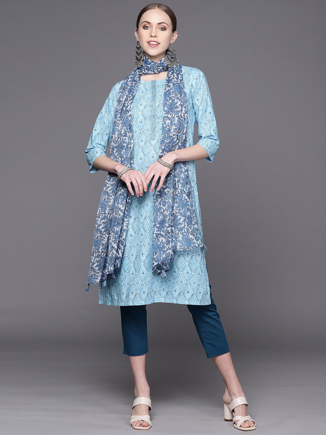 Biba Women Blue Ethnic Motifs Printed Pure Cotton Kurta with Trousers & Dupatta - Distacart