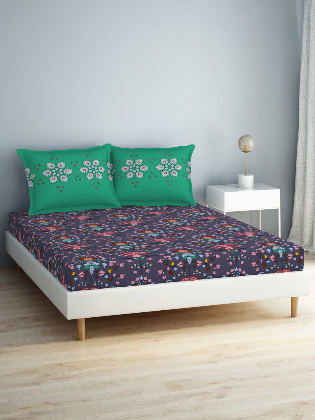 SPACES Aurum Blue Ethnic Motifs Pure Cotton140 TC Queen Bedsheet with 2 Pillow Covers - Distacart