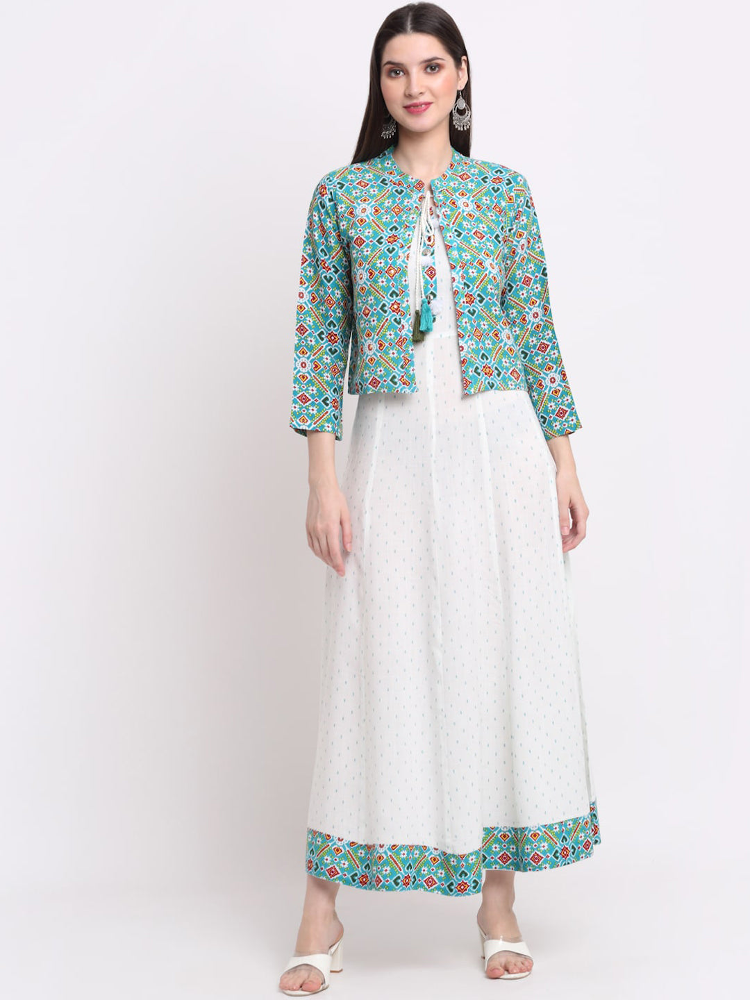 Kalini Women White & Sea Green Ethnic Motifs Printed Anarkali Kurta - Distacart