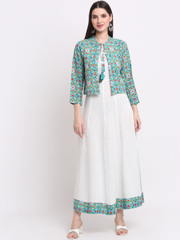 Kalini Women White & Sea Green Ethnic Motifs Printed Anarkali Kurta - Distacart