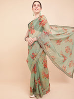 Thumbnail for Sangria Olive Green & Red Floral Printed Organza Saree With Sequinned Blouse piece - Distacart