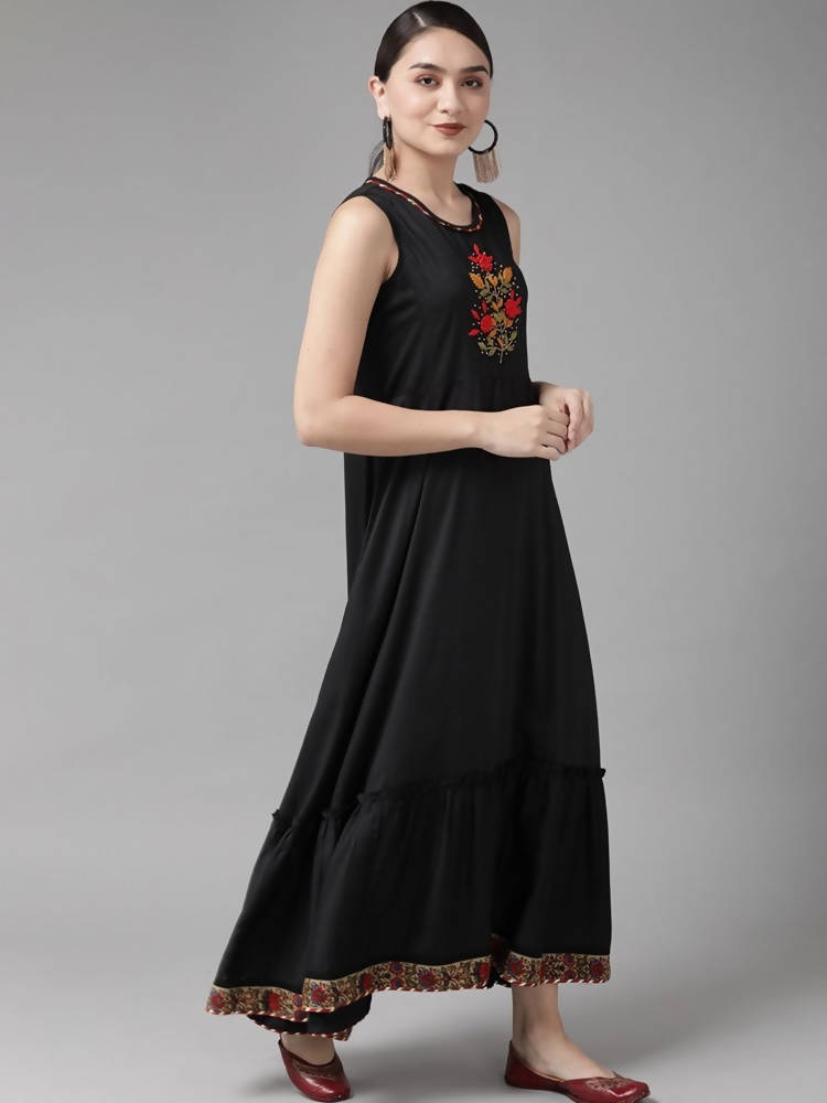Yufta Women Black & Red Solid Embroidered Detail A-Line Maxi Dress with Ethnic Jacket