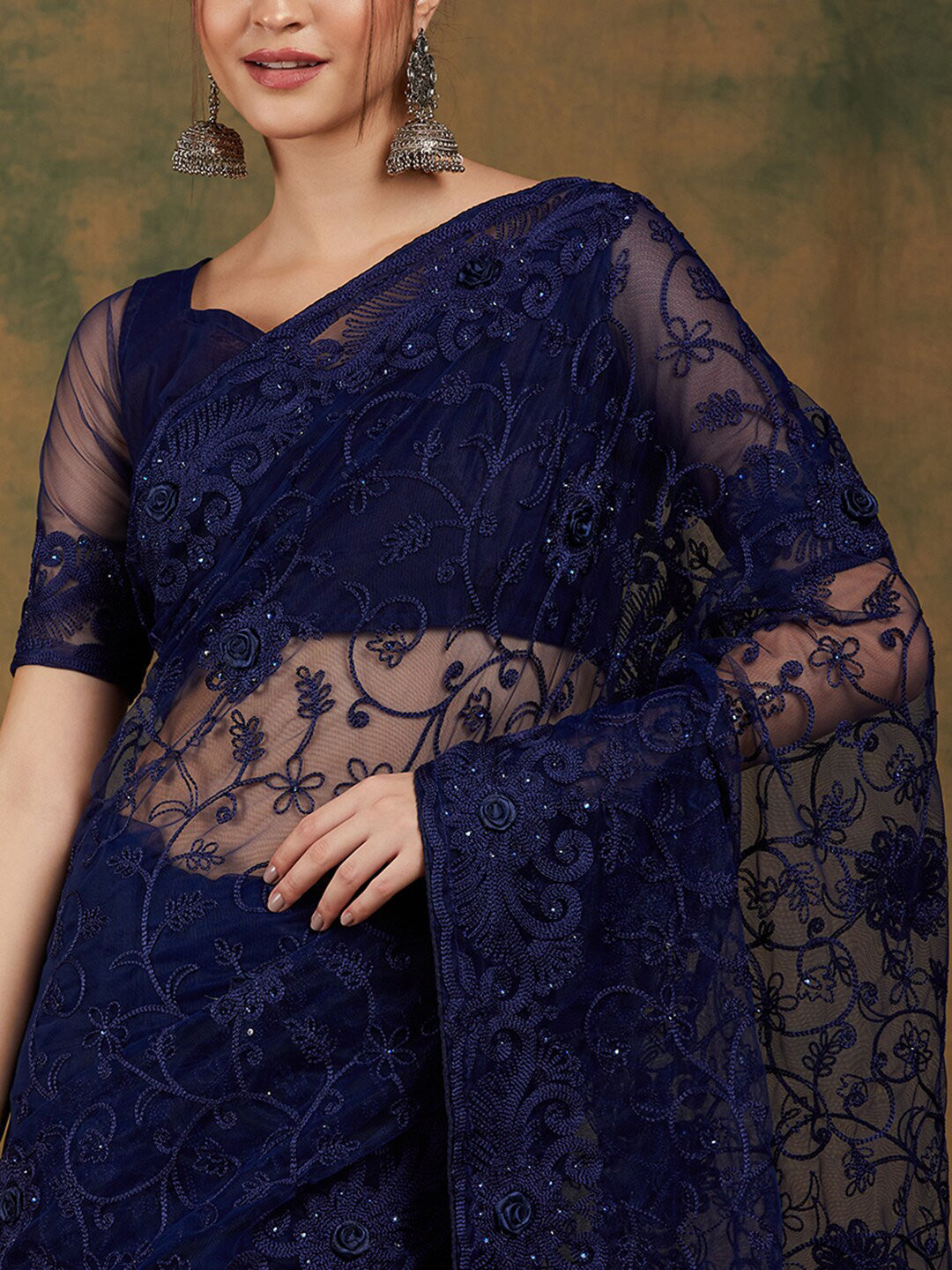 Sangria Navy Blue Floral Embroidered Net Saree - Distacart