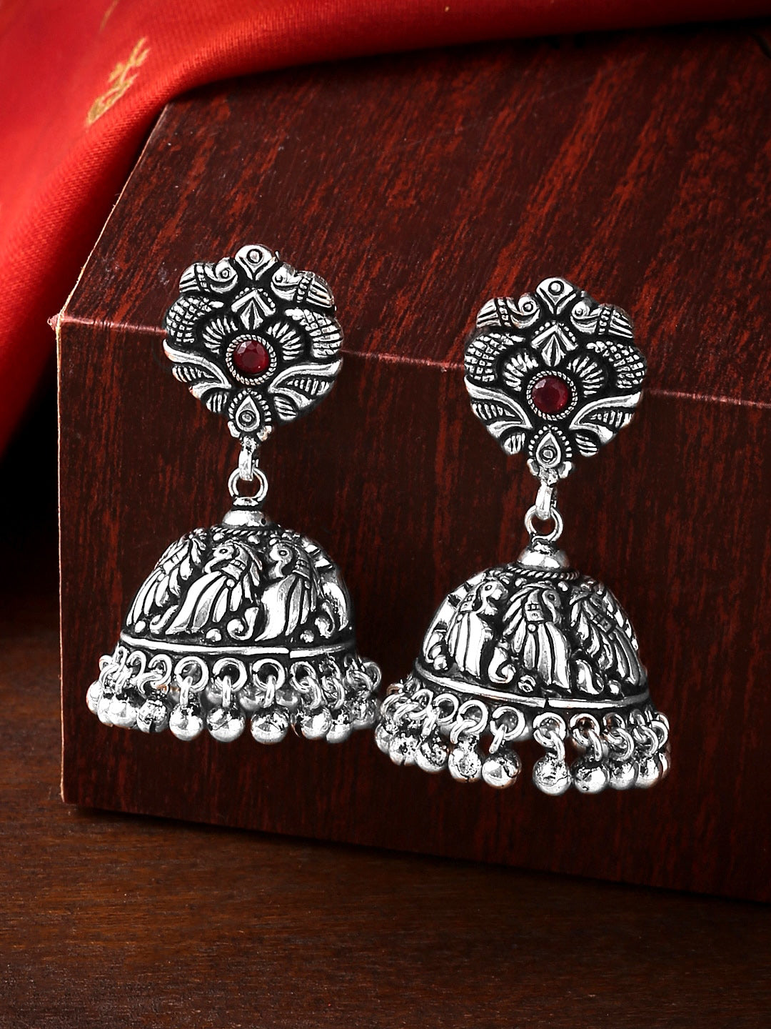Yellow Chimes Silver-Plated Kolhapuri Peacock Design Jhumkas Earrings - Distacart