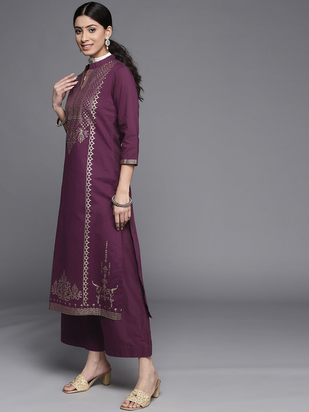 Biba Women Purple & Golden Printed Pure Cotton Kurta with Palazzos & Dupatta - Distacart