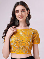 Thumbnail for Tikhi Imli Yellow Embellished Boat Neck Sequinned Detailed Saree Blouse - Distacart