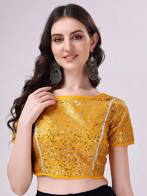 Tikhi Imli Yellow Embellished Boat Neck Sequinned Detailed Saree Blouse - Distacart