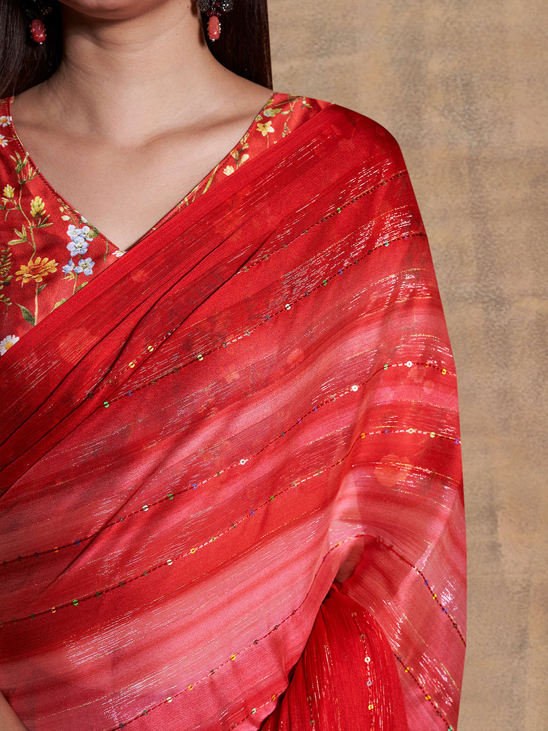Mitera Red & Peach-Coloured Embellished Sequinned Pure Chiffon Saree - Distacart