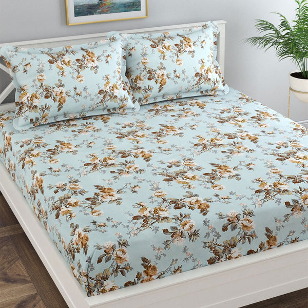 Florida Blue & White Floral 120 TC King Bedsheet with 2 Pillow Covers - Distacart