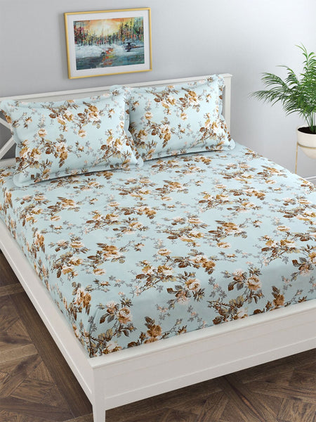 Florida Blue & White Floral 120 TC King Bedsheet with 2 Pillow Covers - Distacart