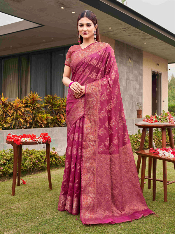 Tikhi Imli Pink Ethnic Motifs Woven Design Zari Saree - Distacart