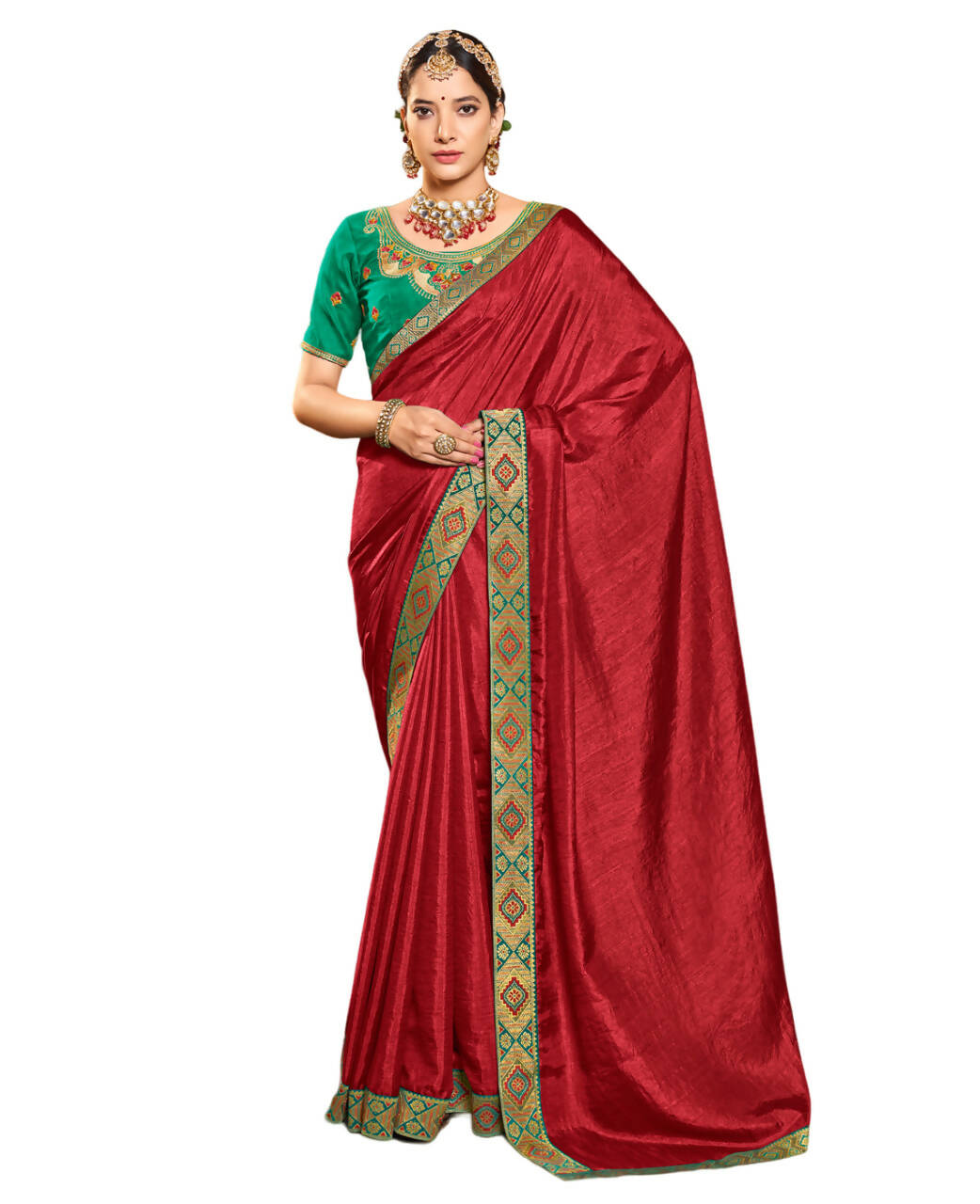 Red Solid Vichitra Saree With Unstitched Blouse Piece - Selena - Distacart