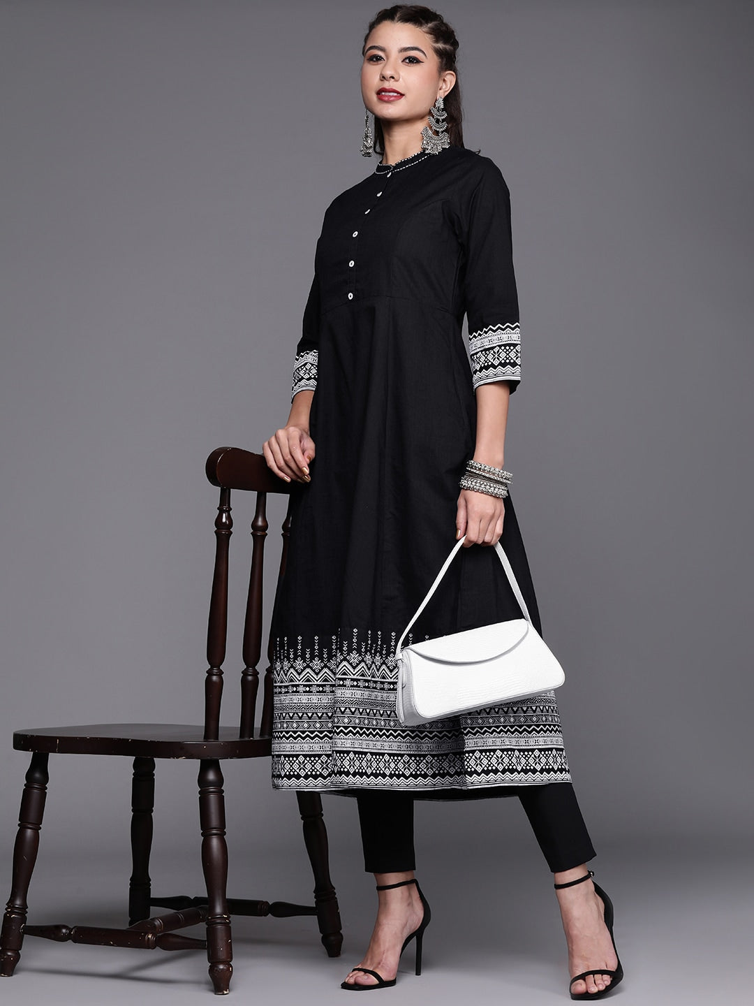 Biba Women Black & White Pure Cotton Solid Kurta With Printed Border - Distacart