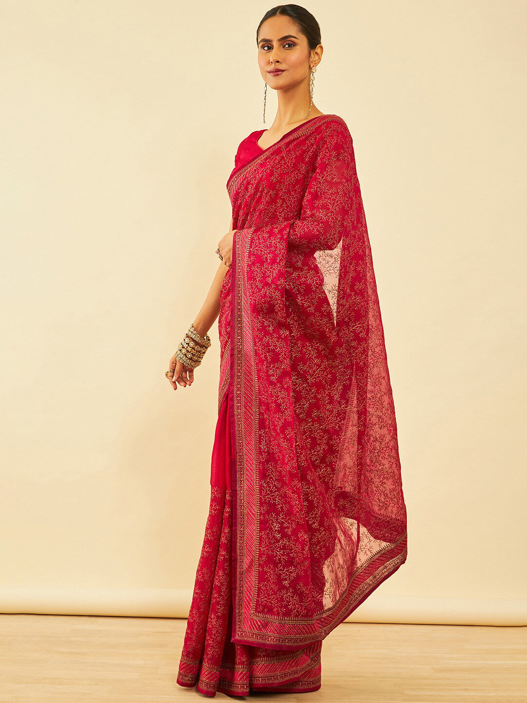 Soch Floral Embroidered Zari Pure Chiffon Saree - Distacart