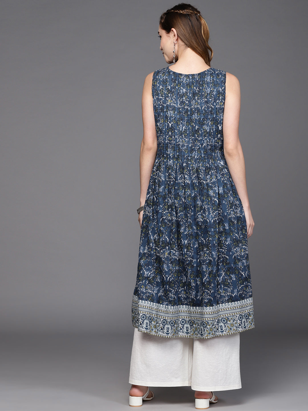 Biba Women Navy Blue & White Ethnic Motifs Printed Anarkali Cotton Kurta - Distacart