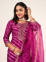 Thumbnail for Sangria Leheriya Printed Embroidered Straight Kurta With Trousers & Dupatta - Distacart