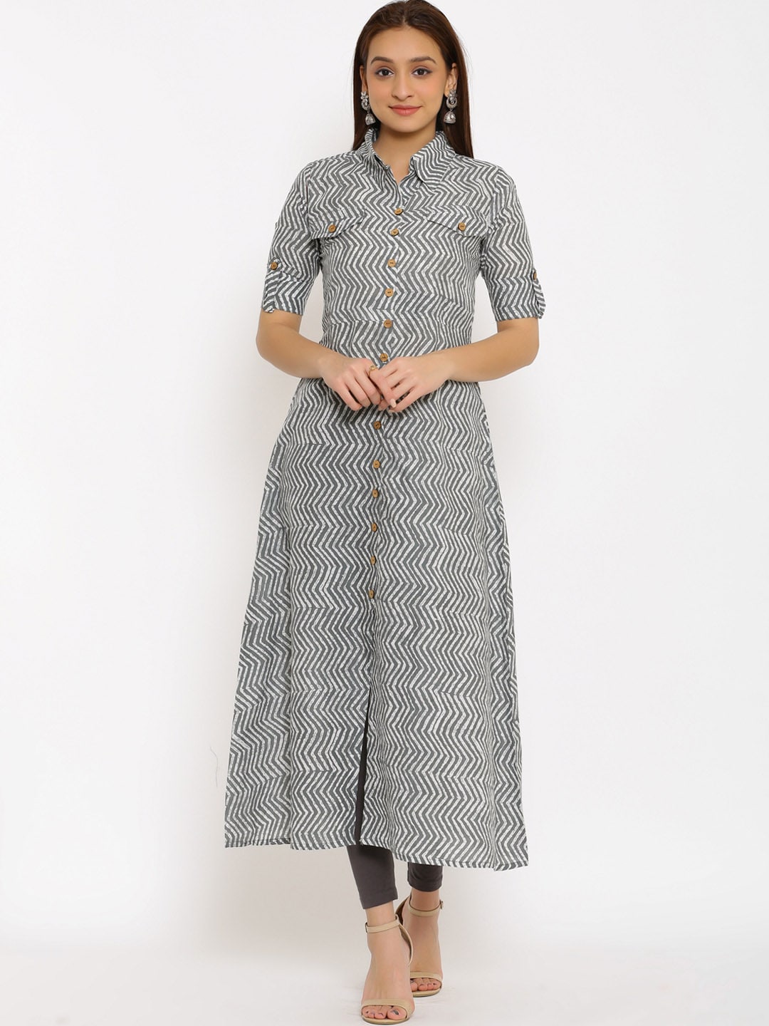 HERE&NOW Grey Shirt Collar Chevron Printed Roll Up Sleeves A-Line Kurta - Distacart