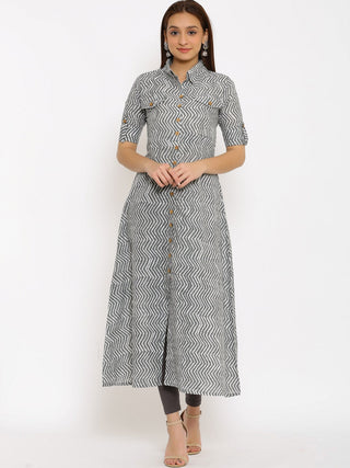 HERE&NOW Grey Shirt Collar Chevron Printed Roll Up Sleeves A-Line Kurta - Distacart