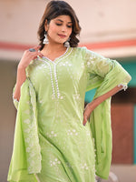 Thumbnail for Sangria Green Embroidered Pure Cotton Straight Kurta With Trouser & Dupatta - Distacart