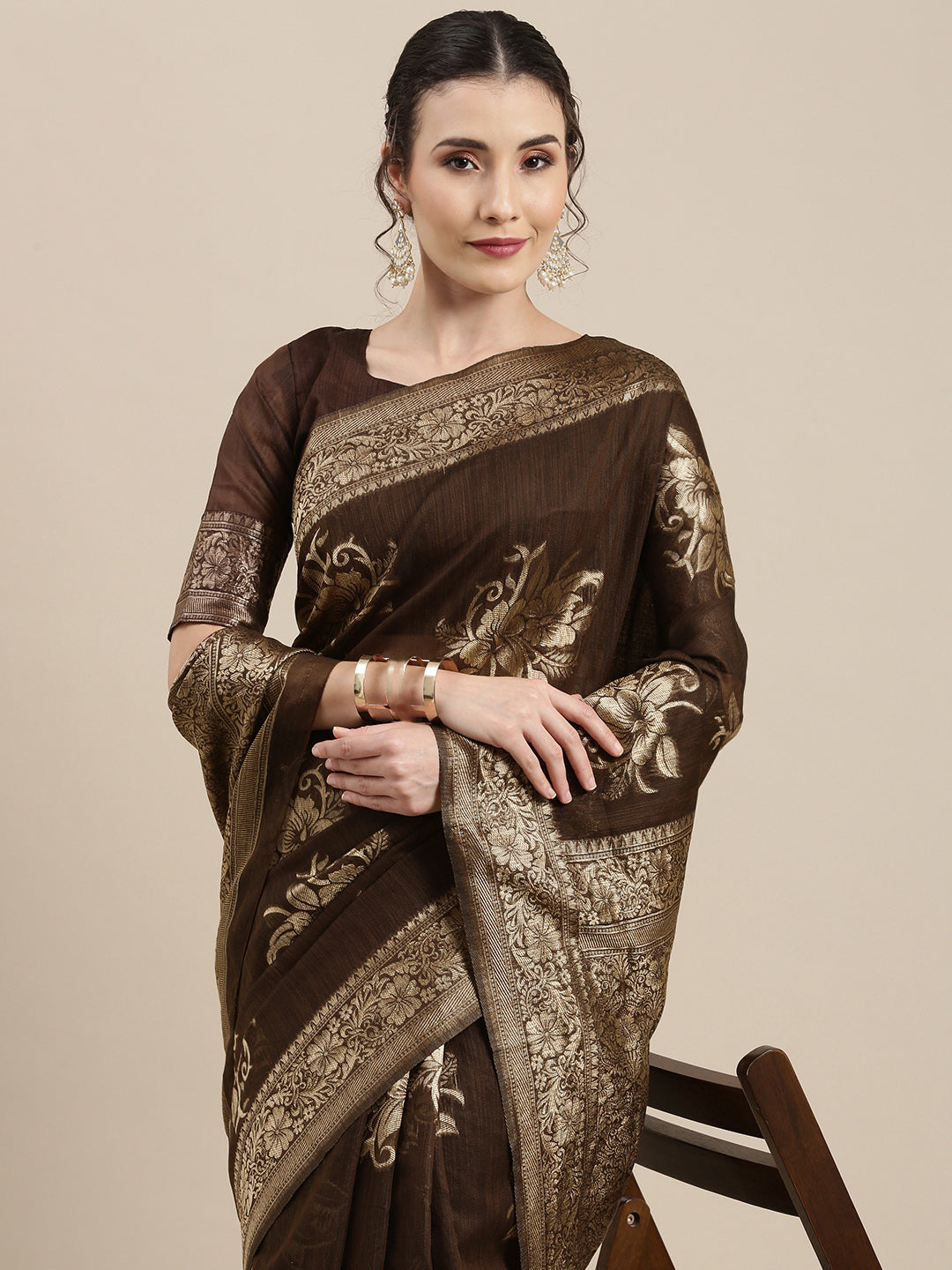 Saree Mall Brown Floral Linen Blend Banarasi Saree - Distacart