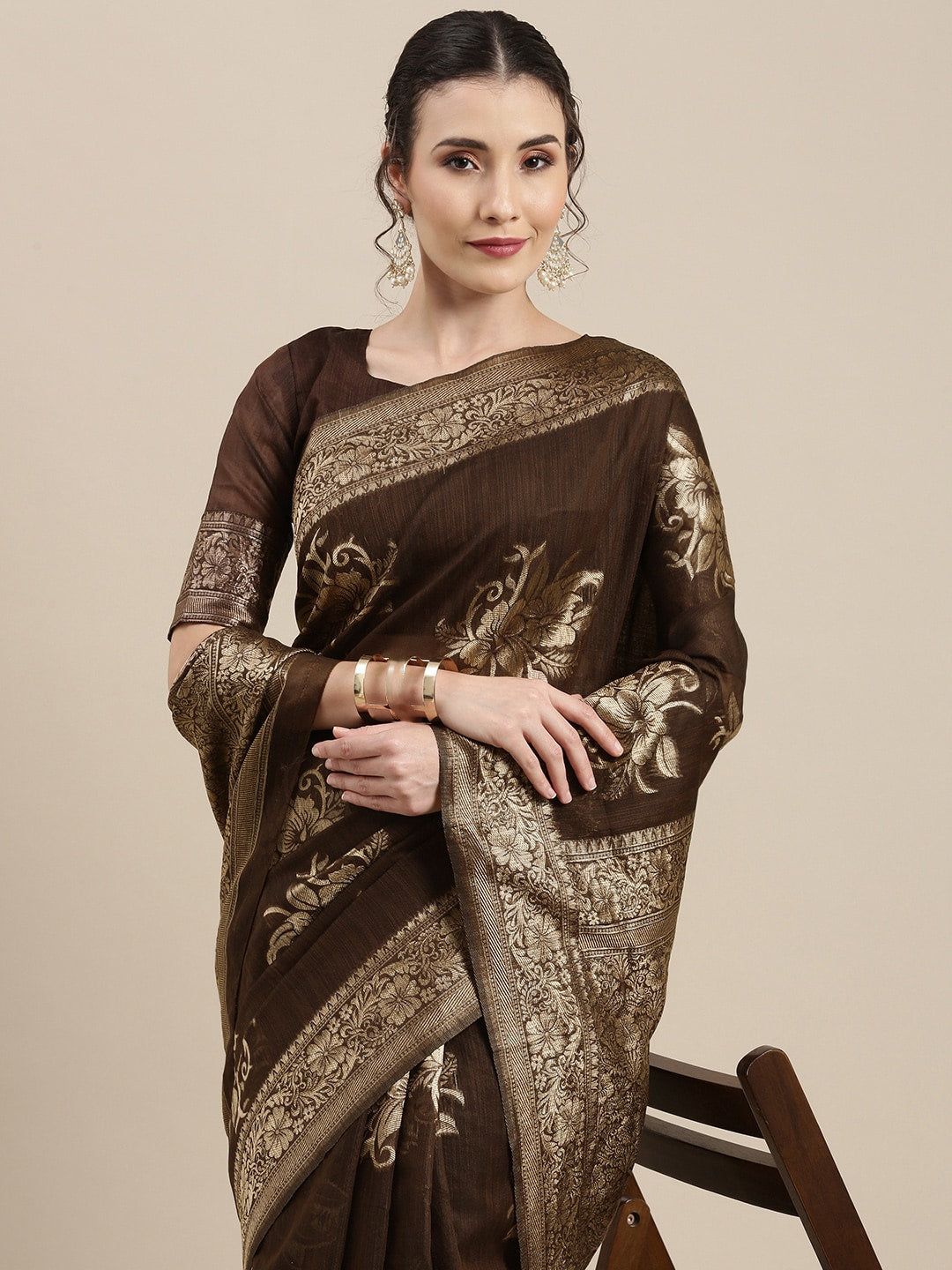 Saree Mall Brown Floral Linen Blend Banarasi Saree - Distacart