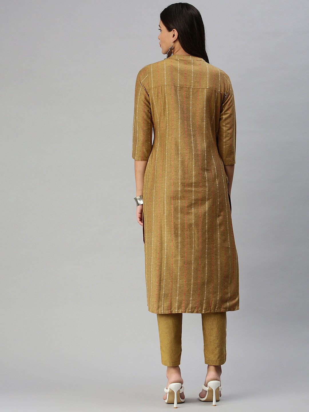 Kalini Women Mustard Yellow Pure Cotton Geometric Woven Design Kurta with Trousers - Distacart