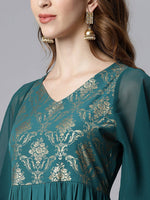 Thumbnail for Janasya Teal Yoke Design Flared Sleeves Crepe Anarkali Kurta - Distacart