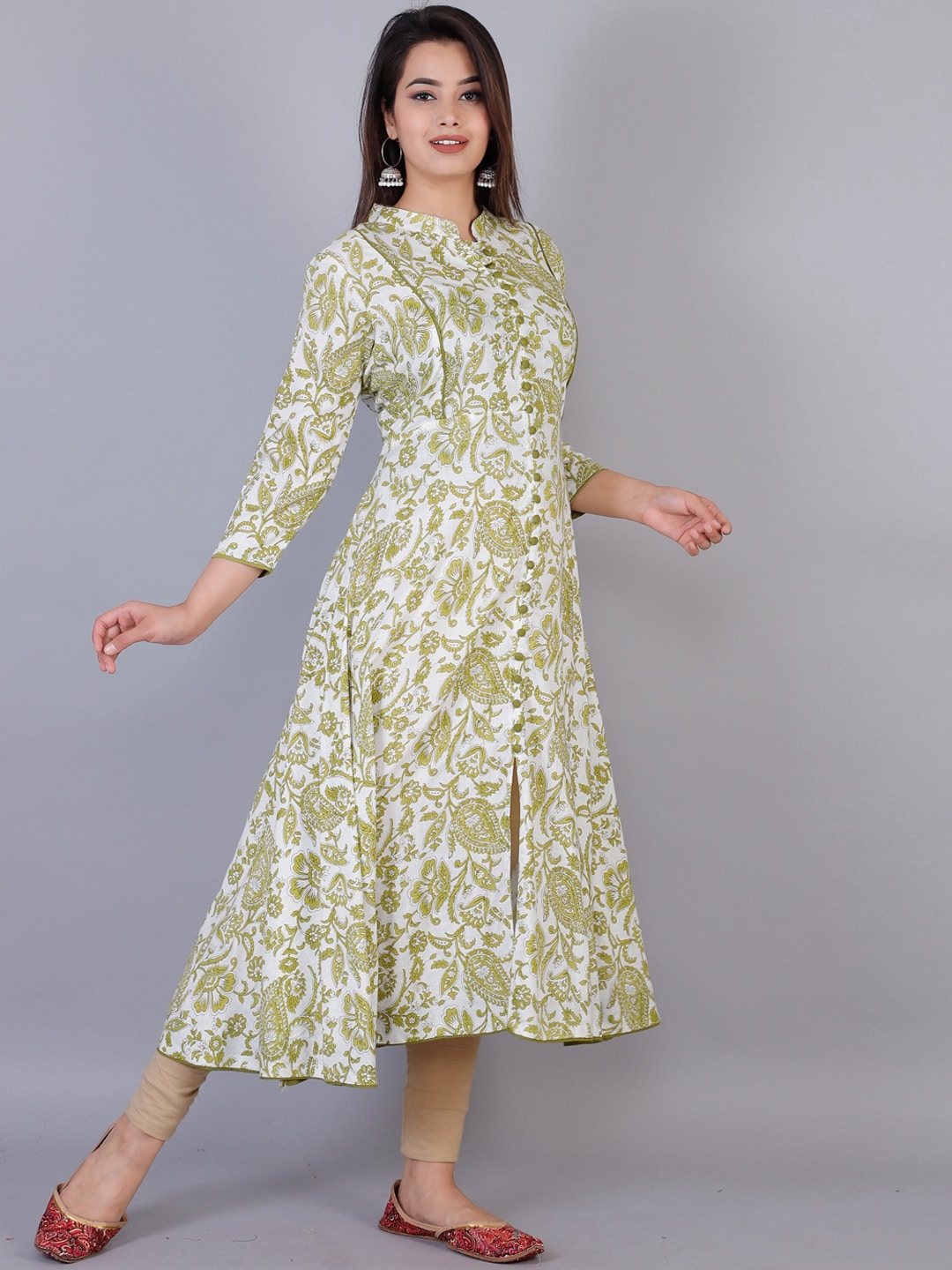 Kalini Women Olive Green & White Floral Printed Floral Anarkali Kurta - Distacart