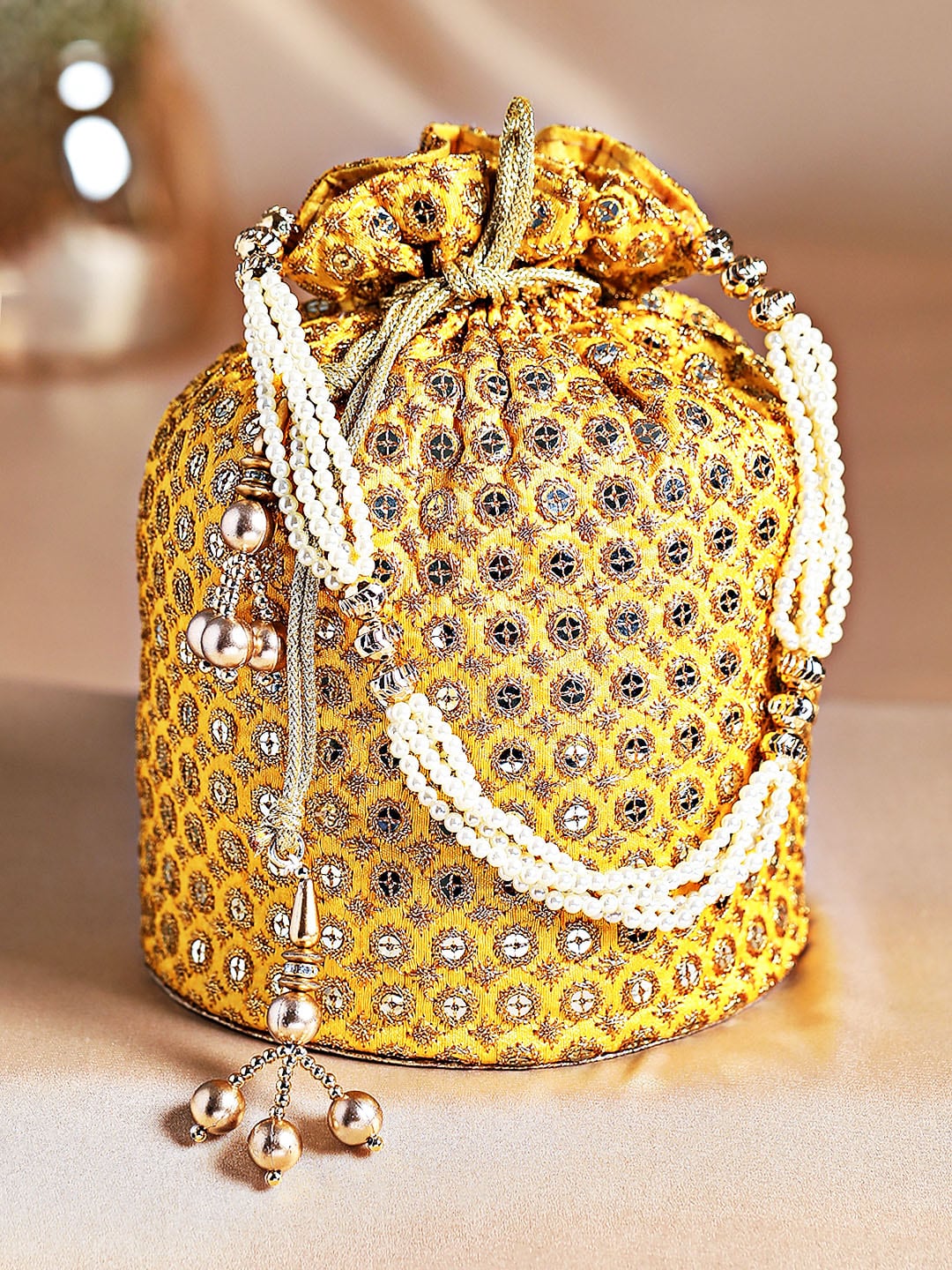 Rubans Yellow Embroidered Embellished Potli Clutch - Distacart