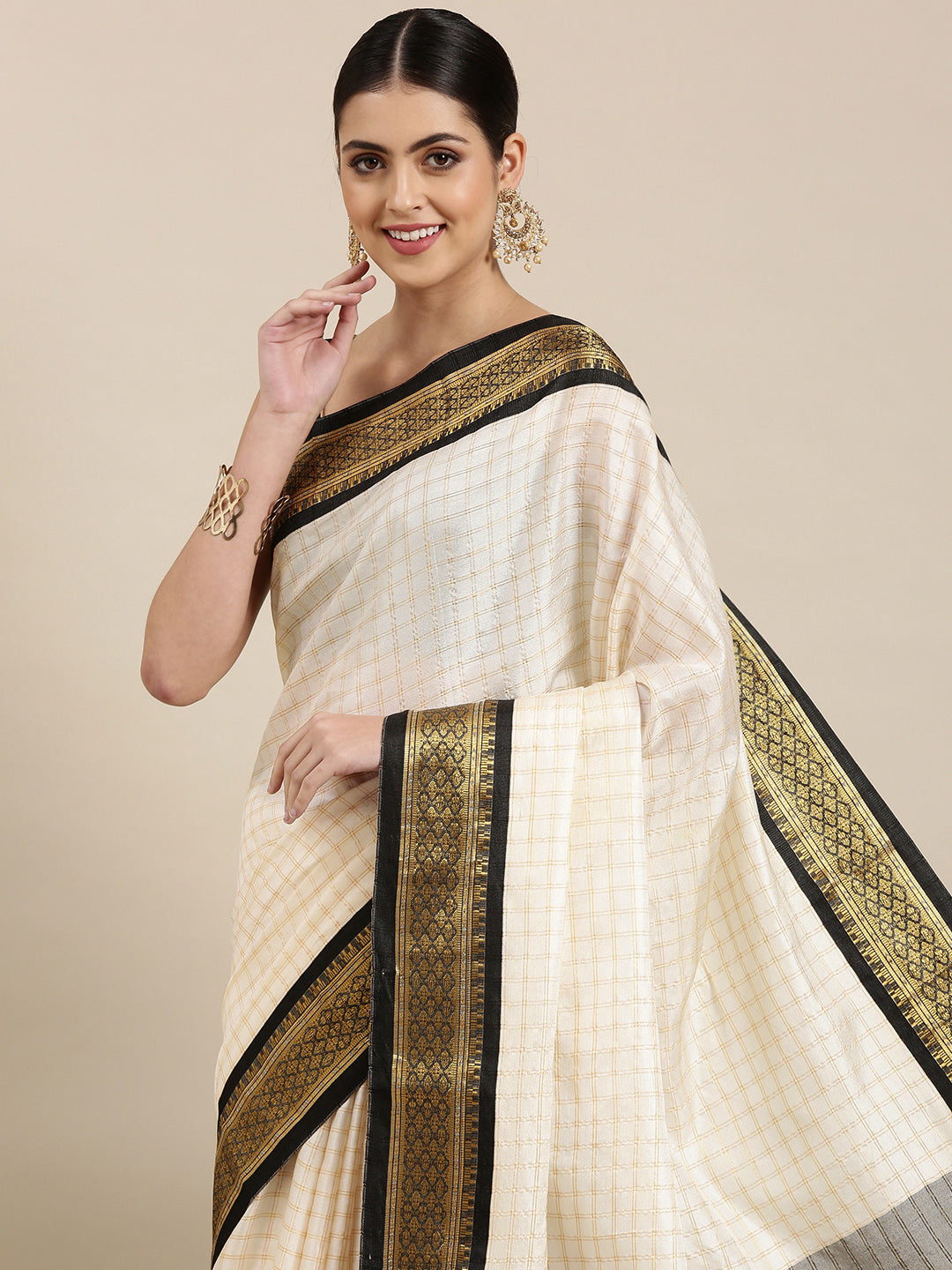 Kalini White & Black Checked Zari Silk Cotton Saree - Distacart