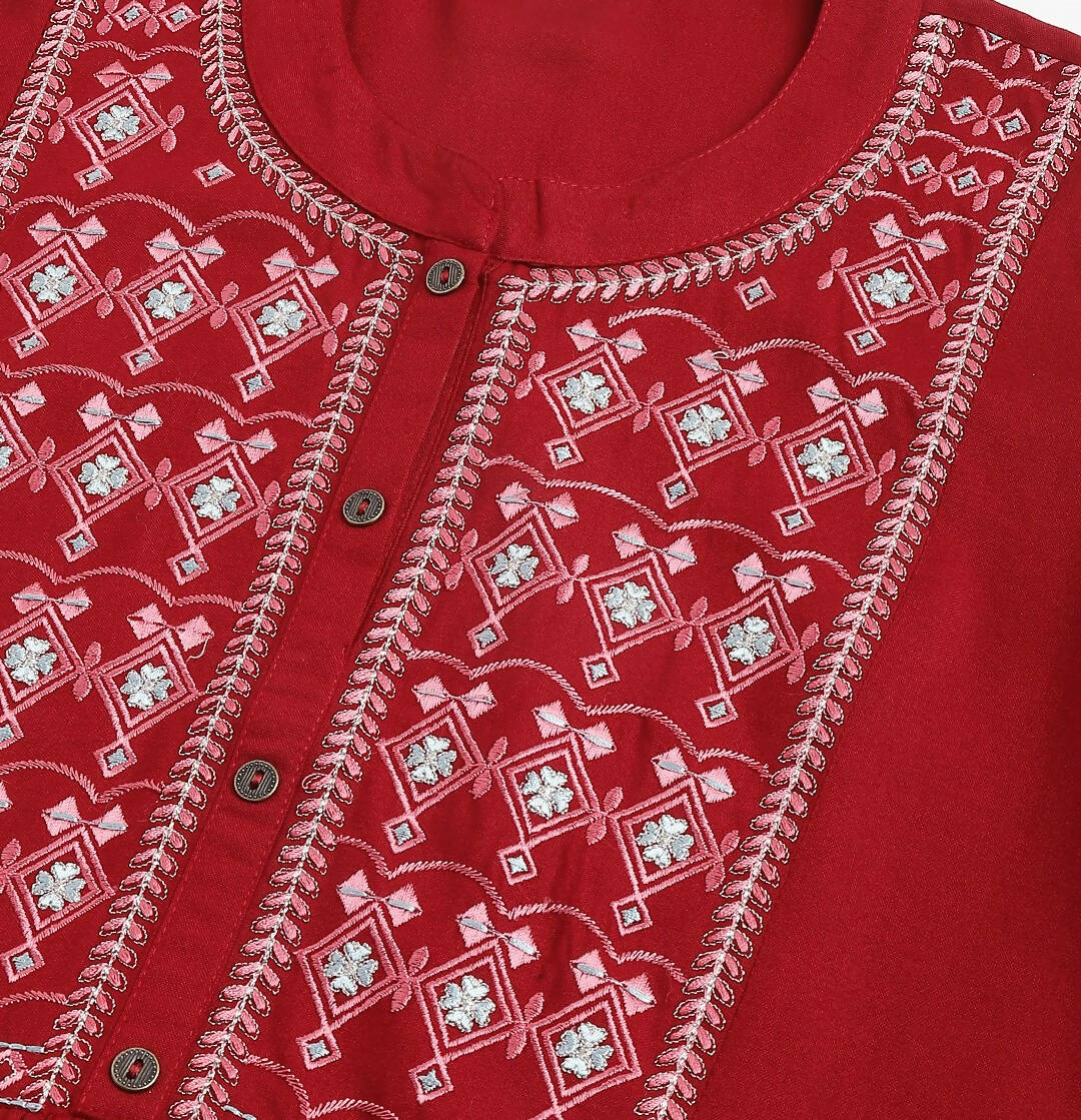 Red Rayon Yoke Embroidered A-line Top - Tarini - Distacart