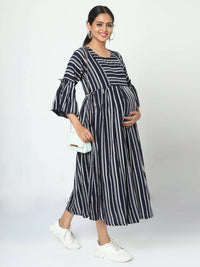 Thumbnail for Manet Three Fourth Maternity Dress With Concealed Zipper Nursing Access - Navy Blue - Distacart