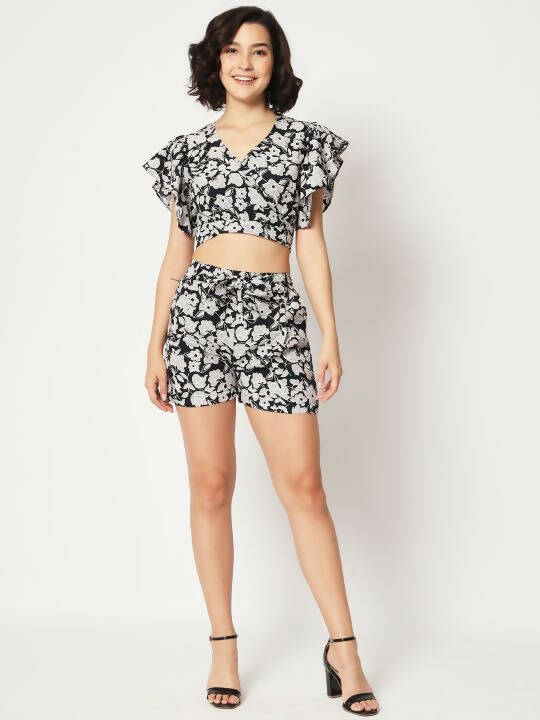 Black Crepe Floral Printed Top with Matching Shorts Set - Shivani - Distacart