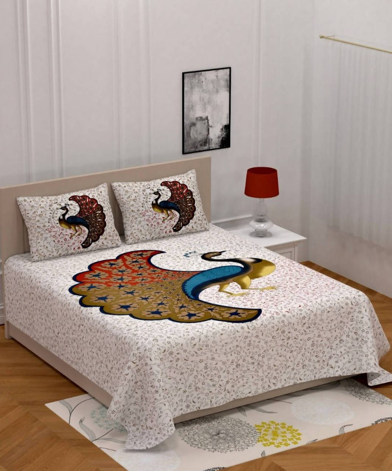Vamika Printed Cotton Cream Bedsheet With Pillow Covers 