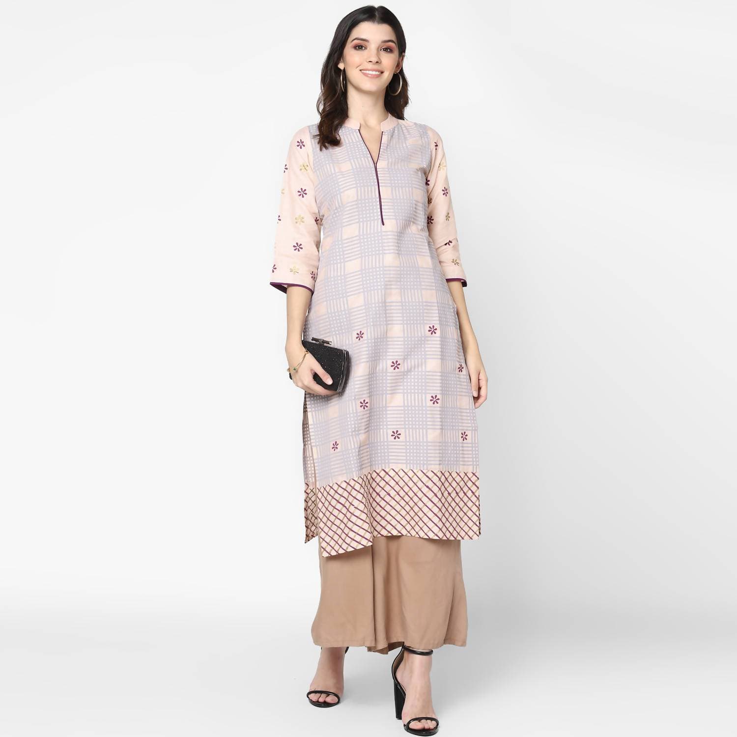 Cheera Hand Block Print Pale Pink & Skin Color Straight Kurta With Palazzo (MAAI-088K)