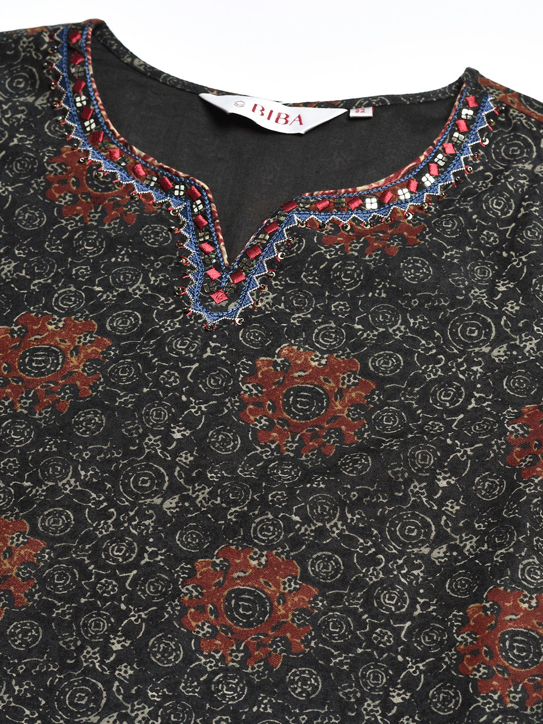 Biba Women Charcoal Grey & Beige Bell Sleeves Printed Kurta - Distacart