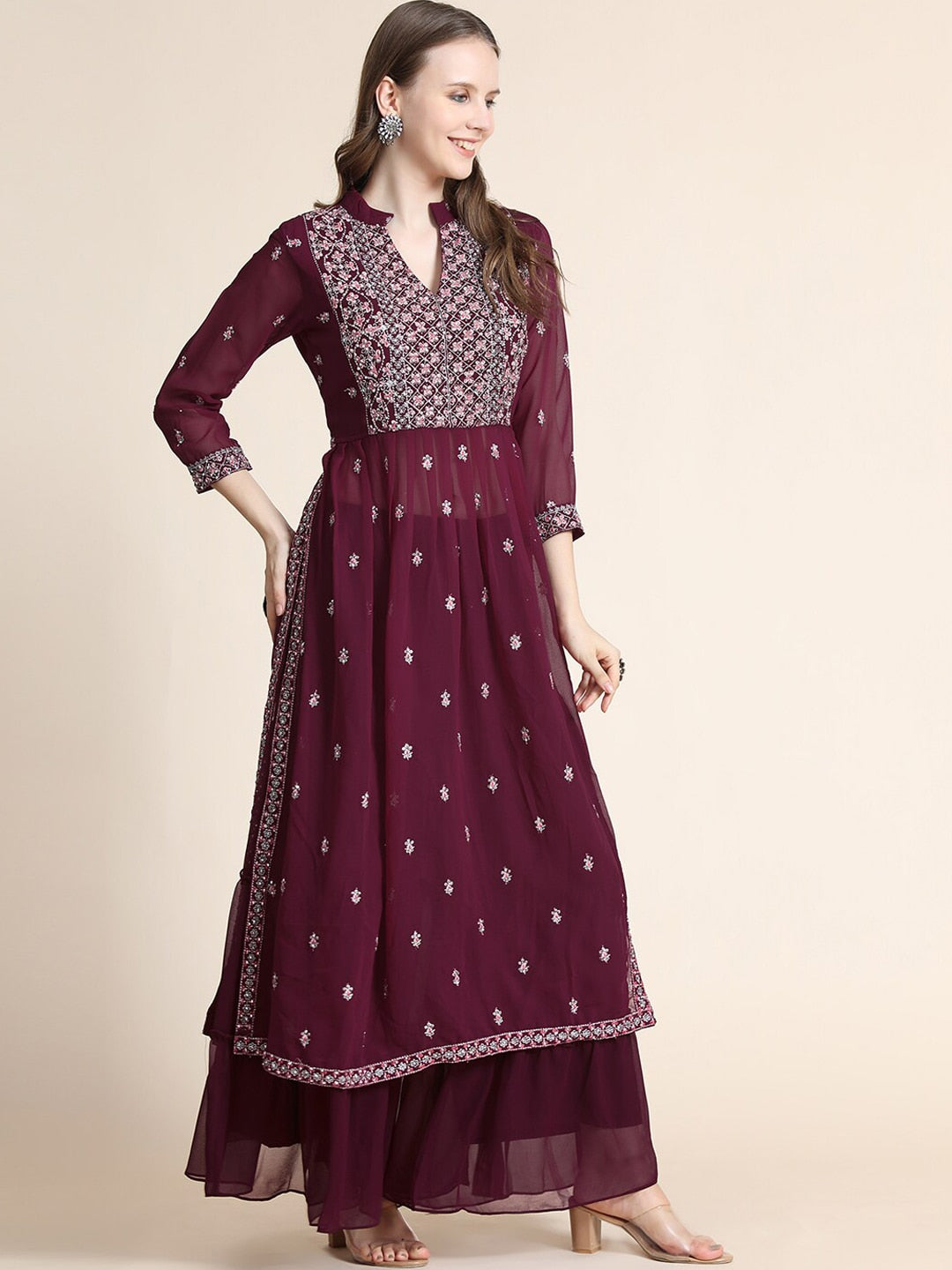 Kalini Women Burgundy Floral Yoke Design Empire Silk Georgette Kurta with Sharara - Distacart