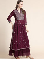 Thumbnail for Kalini Women Burgundy Floral Yoke Design Empire Silk Georgette Kurta with Sharara - Distacart